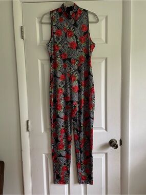 •SHEIN Black High-Neck Sleeveless Floral Jumpsuit with Red Roses